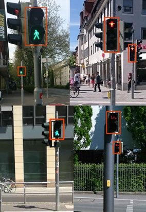 Verschiedene Fotos von Fußgängerampeln mit manueller Annotierung zum Training des Deep-Learning-Frameworks
